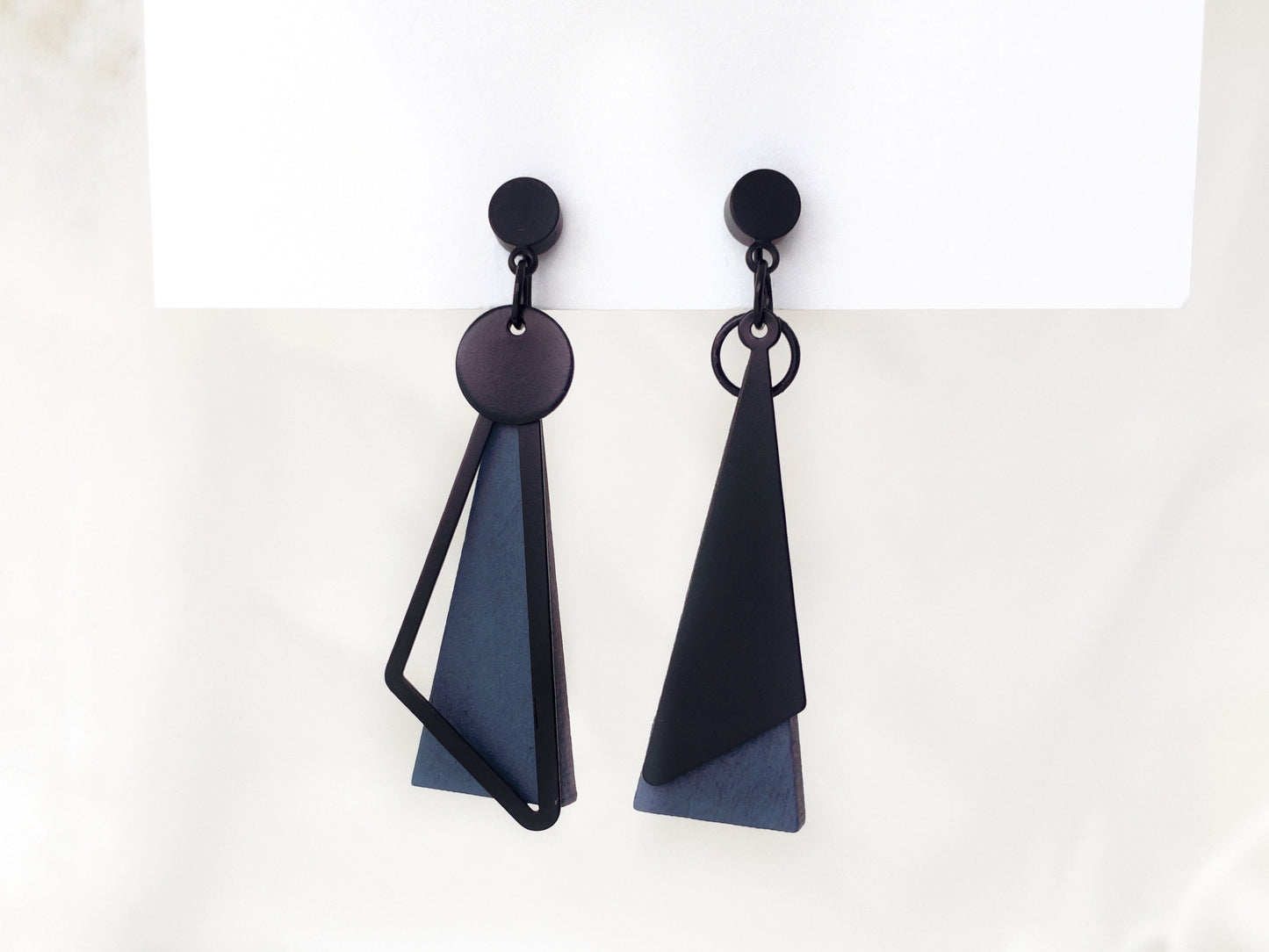 Mismatched Black and Navy Blue Triangle Clip on Earrings