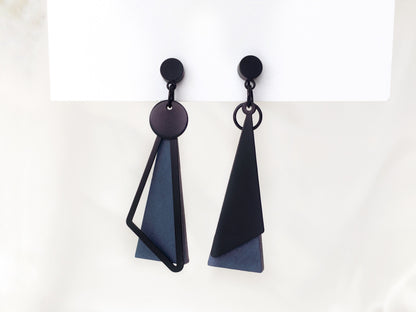 Mismatched Black and Navy Blue Triangle Clip on Earrings