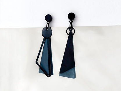 Mismatched Black and Navy Blue Triangle Clip on Earrings