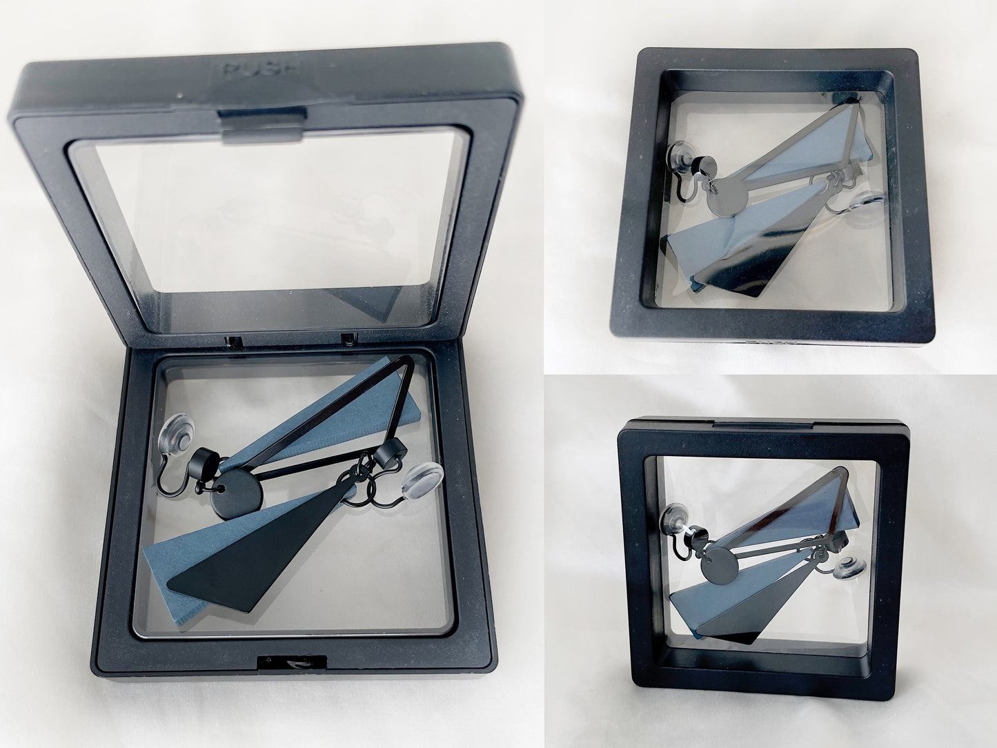 Mismatched Black and Navy Blue Triangle Clip on Earrings