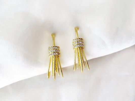 Unique gold drop clip on earrings, Elegant CZ crystals and gold wires clip on earrings
