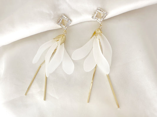 Dainty white frosted flower drop clip on earrings, CZ white flower petal clip on earrings