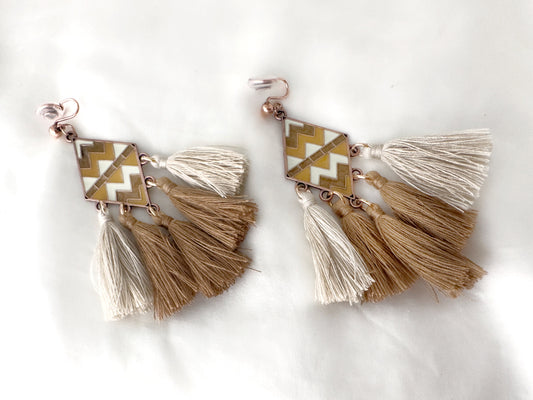 Handmade boho tassel dangle clip on earrings, Diamond shaped fringed tassel drop clip ons, Bohemian style statement clip on earrings