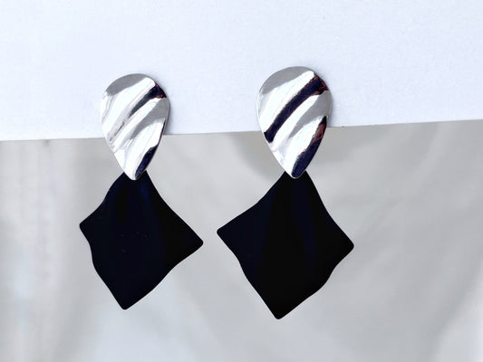 Abstract silver and black metal dangle clip on earrings, Geometric silver black drop clip on earrings