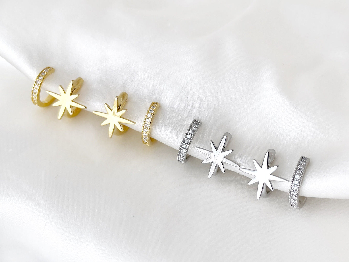 Gold/Silver Star Double Huggie Hoop Clip on Earrings