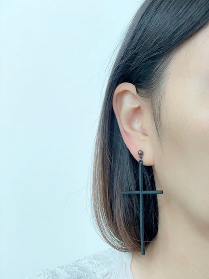 Statement Black Cross Drop Clip on Earrings