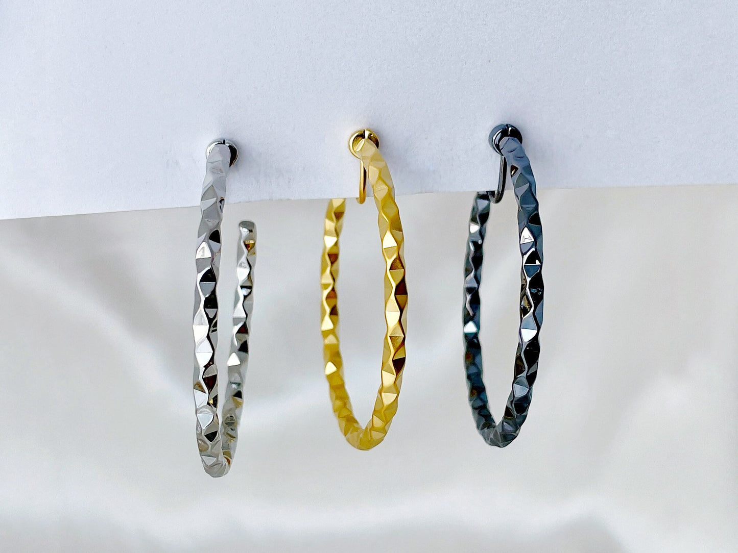 Textured Silver/Gold/Black 45mm Large Hoop Clip on Earrings