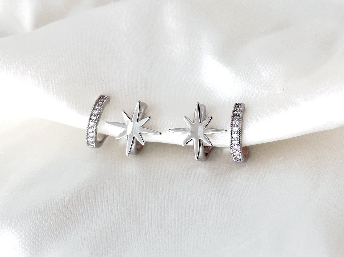 Gold/Silver Star Double Huggie Hoop Clip on Earrings