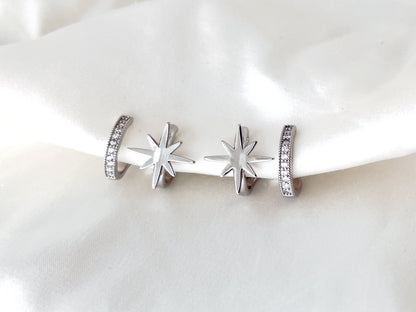 Gold/Silver Star Double Huggie Hoop Clip on Earrings