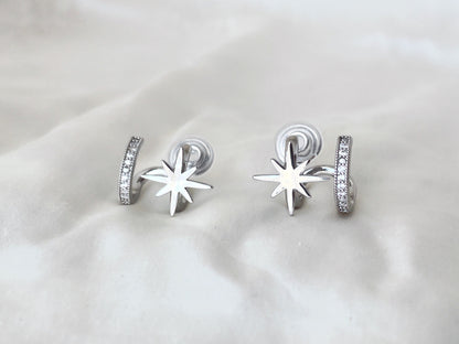Gold/Silver Star Double Huggie Hoop Clip on Earrings