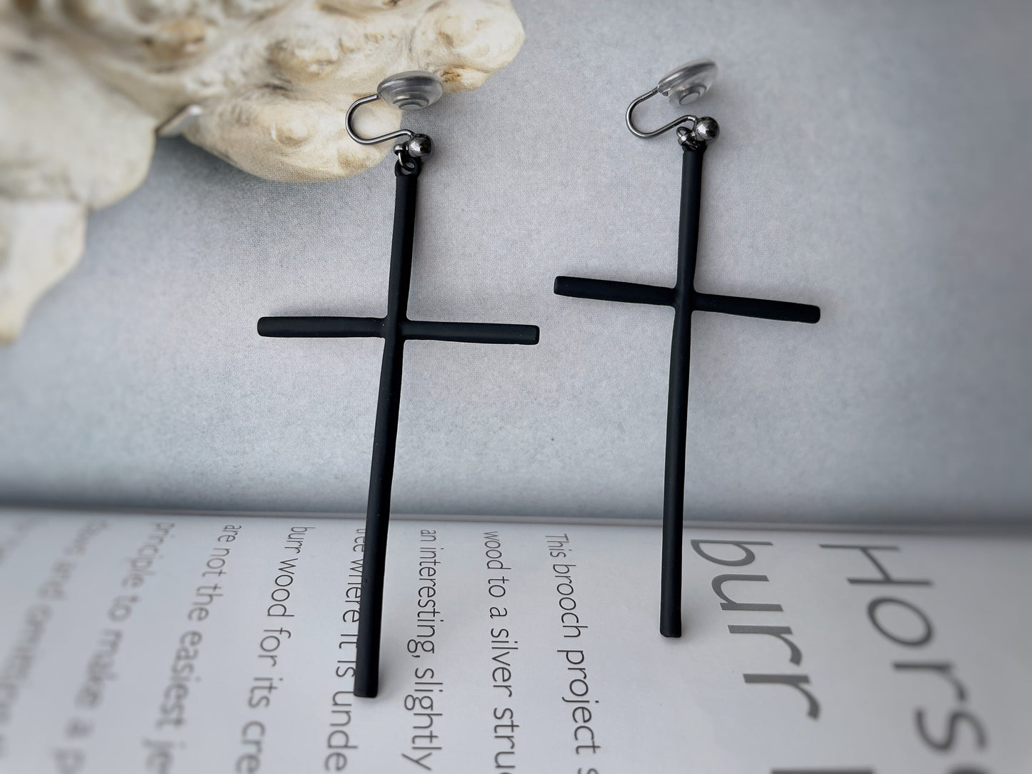 Statement Black Cross Drop Clip on Earrings