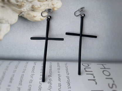 Statement Black Cross Drop Clip on Earrings