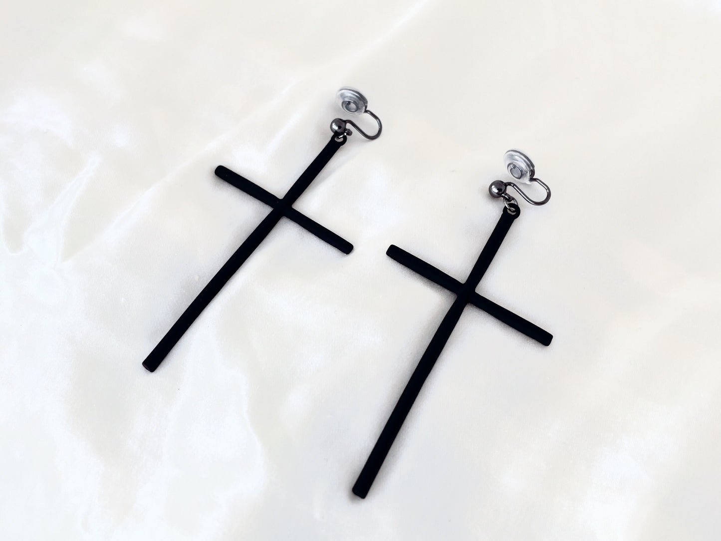 Statement Black Cross Drop Clip on Earrings