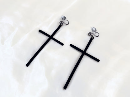 Statement Black Cross Drop Clip on Earrings