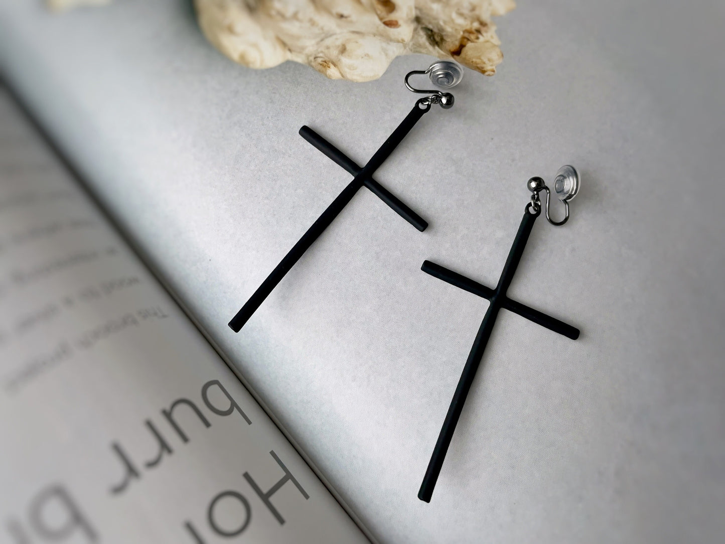 Statement Black Cross Drop Clip on Earrings