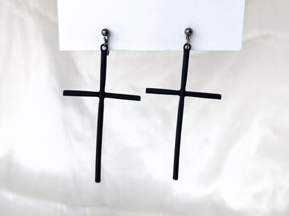 Statement Black Cross Drop Clip on Earrings