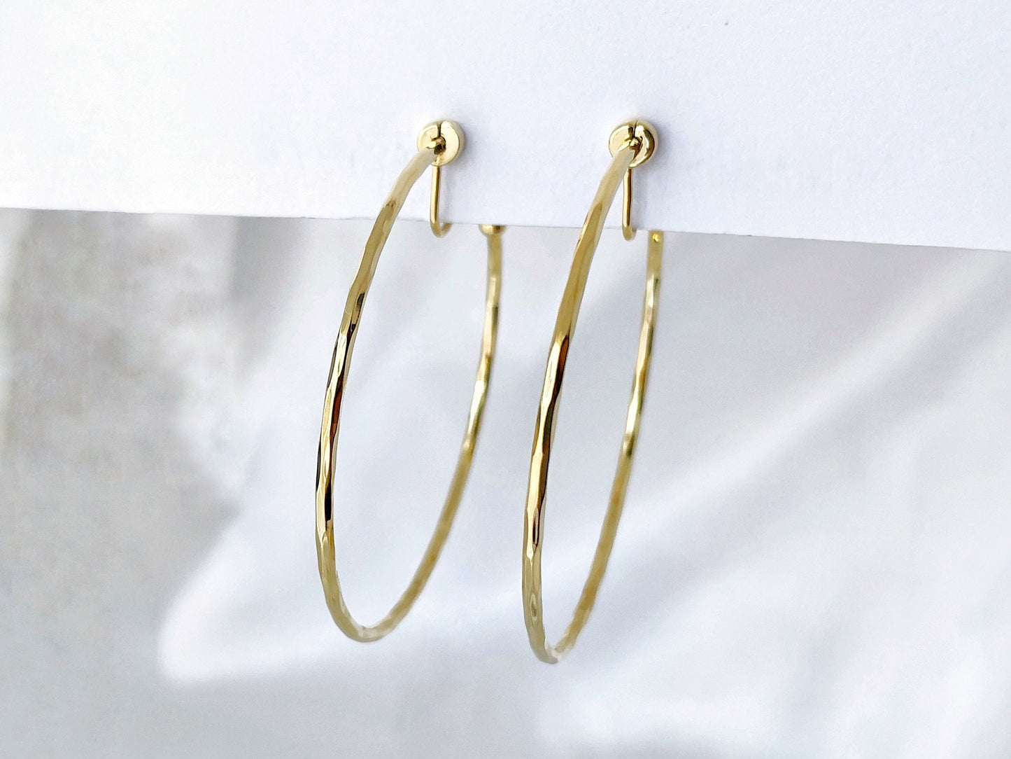 Hammered Texture Thin 50mm Large Silver/Gold Hoop Clip on Earrings