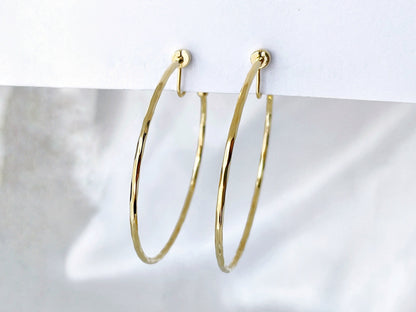 Hammered Texture Thin 50mm Large Silver/Gold Hoop Clip on Earrings