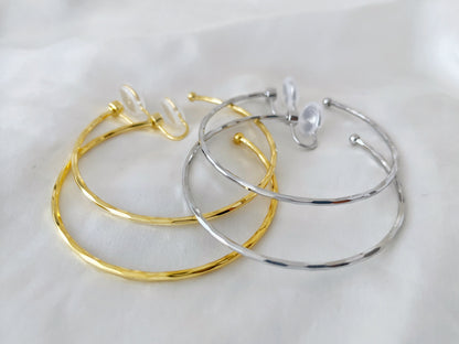 Hammered Texture Thin 50mm Large Silver/Gold Hoop Clip on Earrings