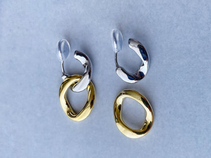Silver Removable Gold Link Chain Clip on Earrings