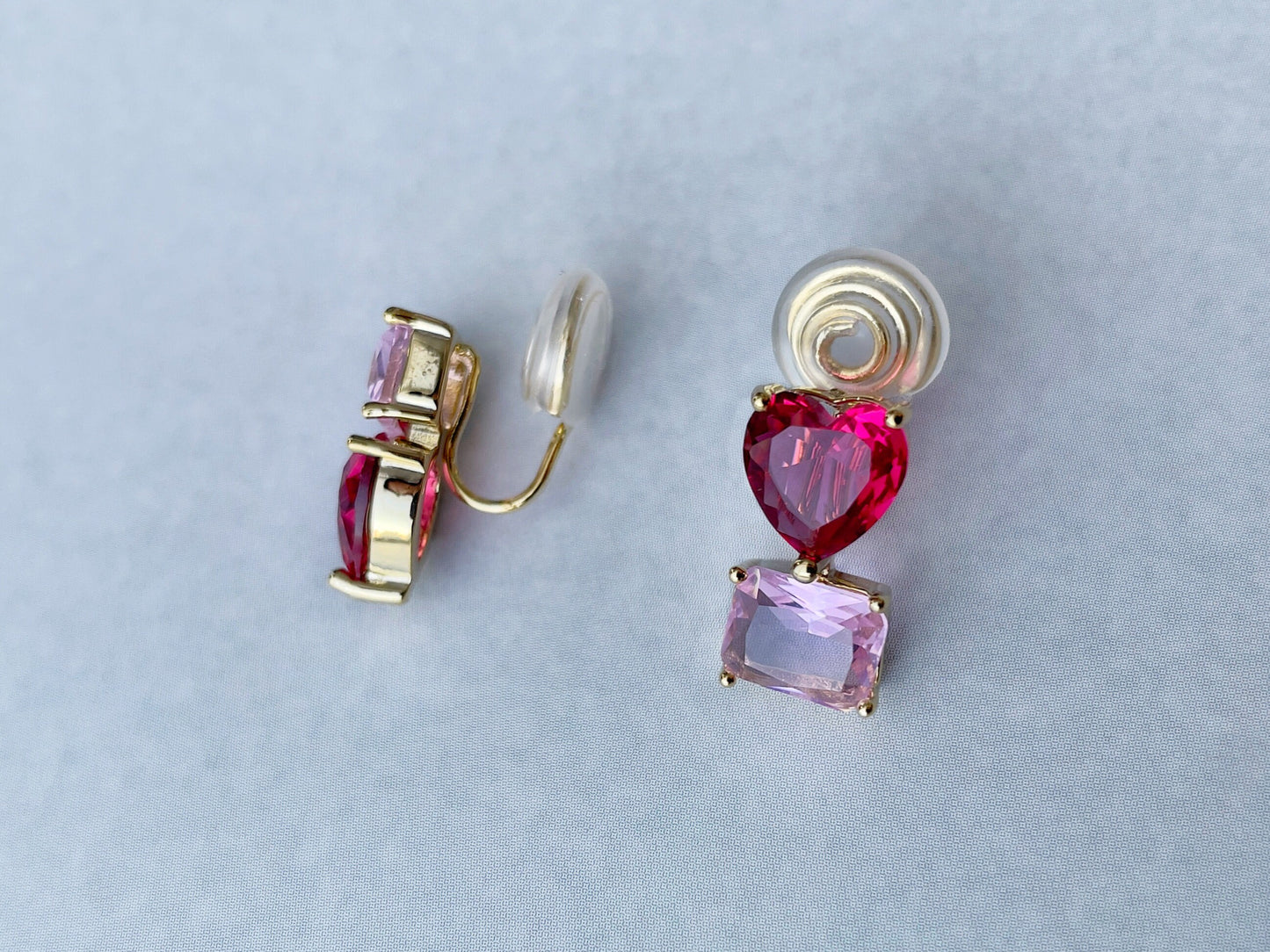 Mismatched Heart and Rectangle Shape CZ Crystal Clip on Earrings