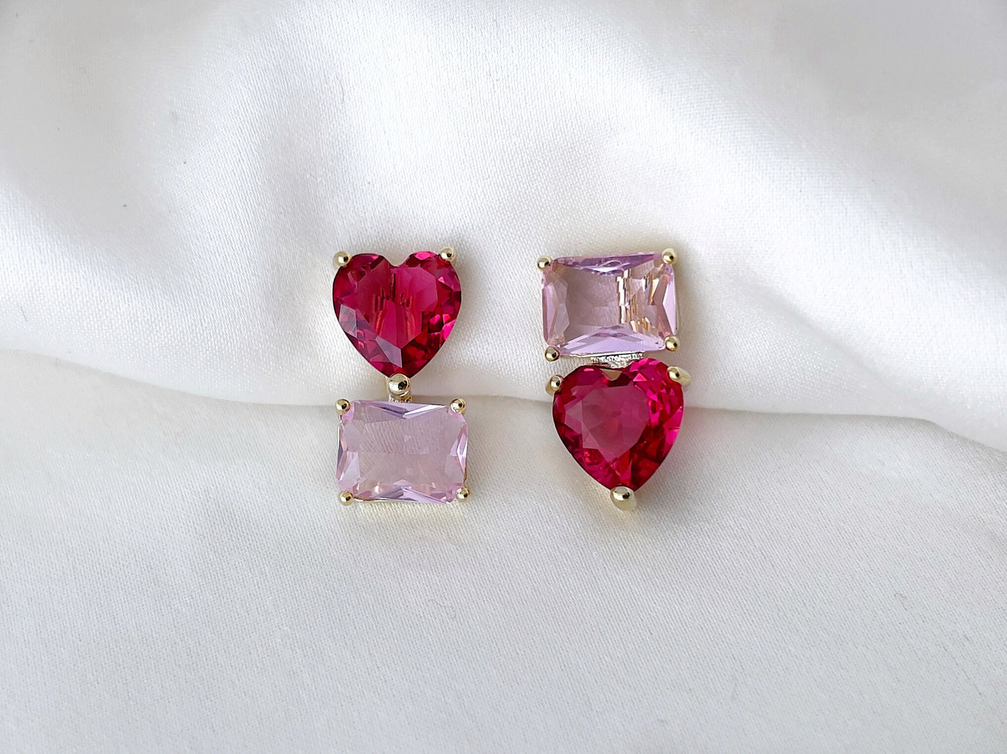 Mismatched Heart and Rectangle Shape CZ Crystal Clip on Earrings