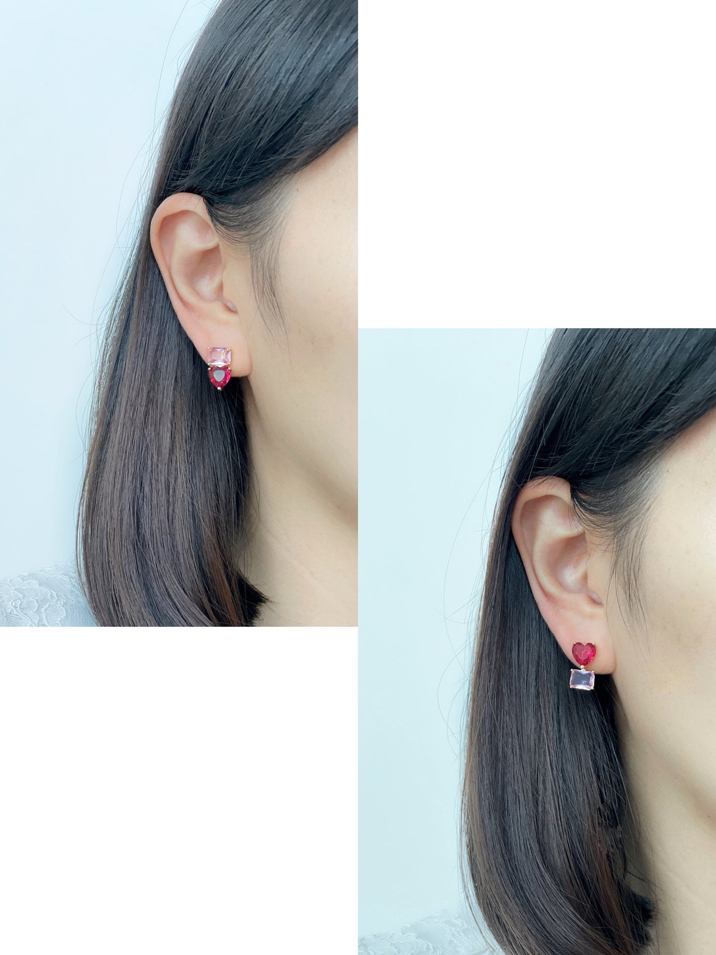 Mismatched Heart and Rectangle Shape CZ Crystal Clip on Earrings