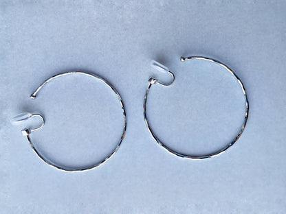 Hammered Texture Thin 50mm Large Silver/Gold Hoop Clip on Earrings