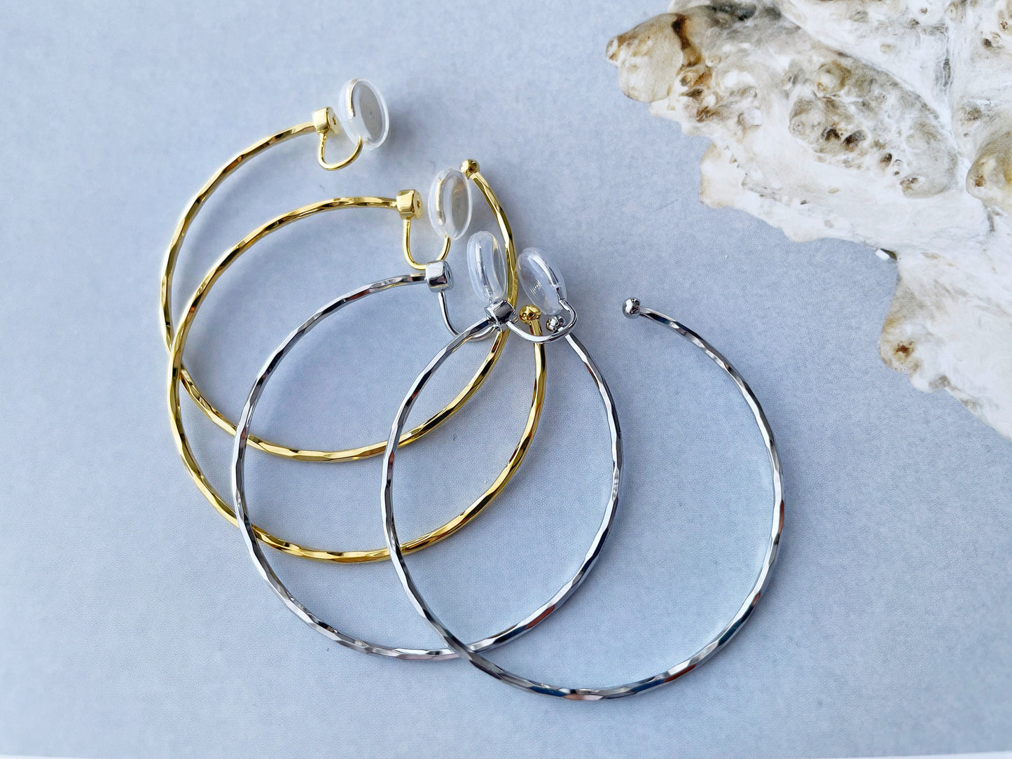 Hammered Texture Thin 50mm Large Silver/Gold Hoop Clip on Earrings