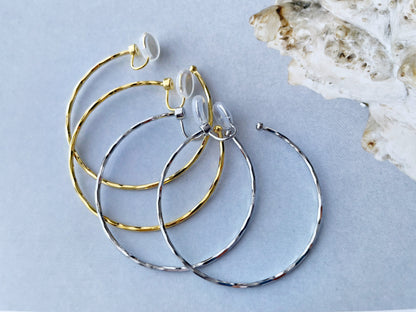 Hammered Texture Thin 50mm Large Silver/Gold Hoop Clip on Earrings
