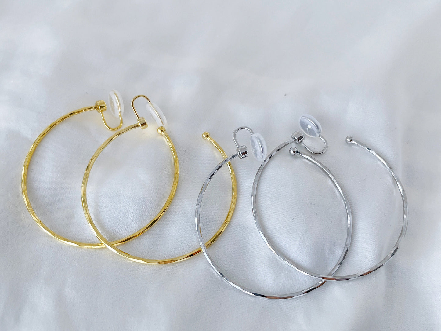 Hammered Texture Thin 50mm Large Silver/Gold Hoop Clip on Earrings