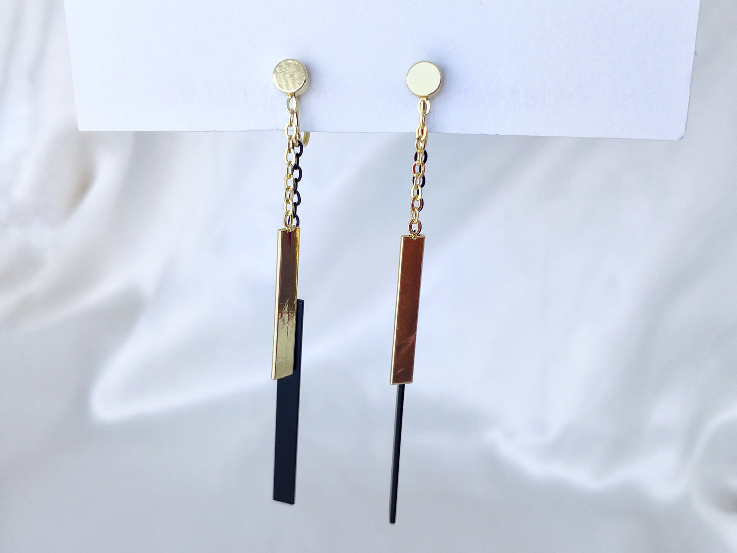 Minimalist Gold Black Chain Dangle Clip on Earrings