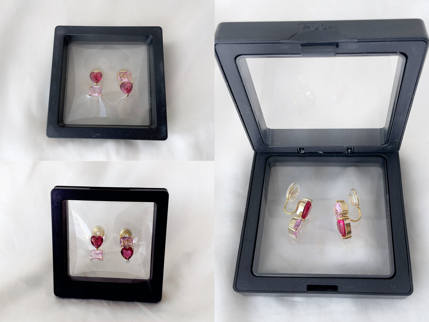 Mismatched Heart and Rectangle Shape CZ Crystal Clip on Earrings