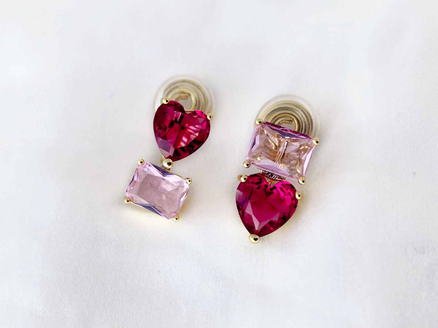 Mismatched Heart and Rectangle Shape CZ Crystal Clip on Earrings