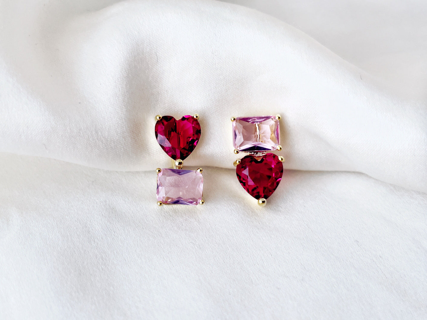 Mismatched Heart and Rectangle Shape CZ Crystal Clip on Earrings