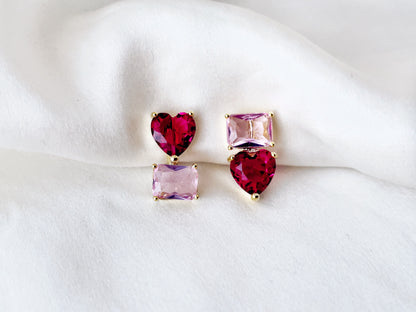 Mismatched Heart and Rectangle Shape CZ Crystal Clip on Earrings
