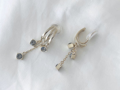 Vintage Silver Triple Hoop with CZ Charm Clip on Earrings