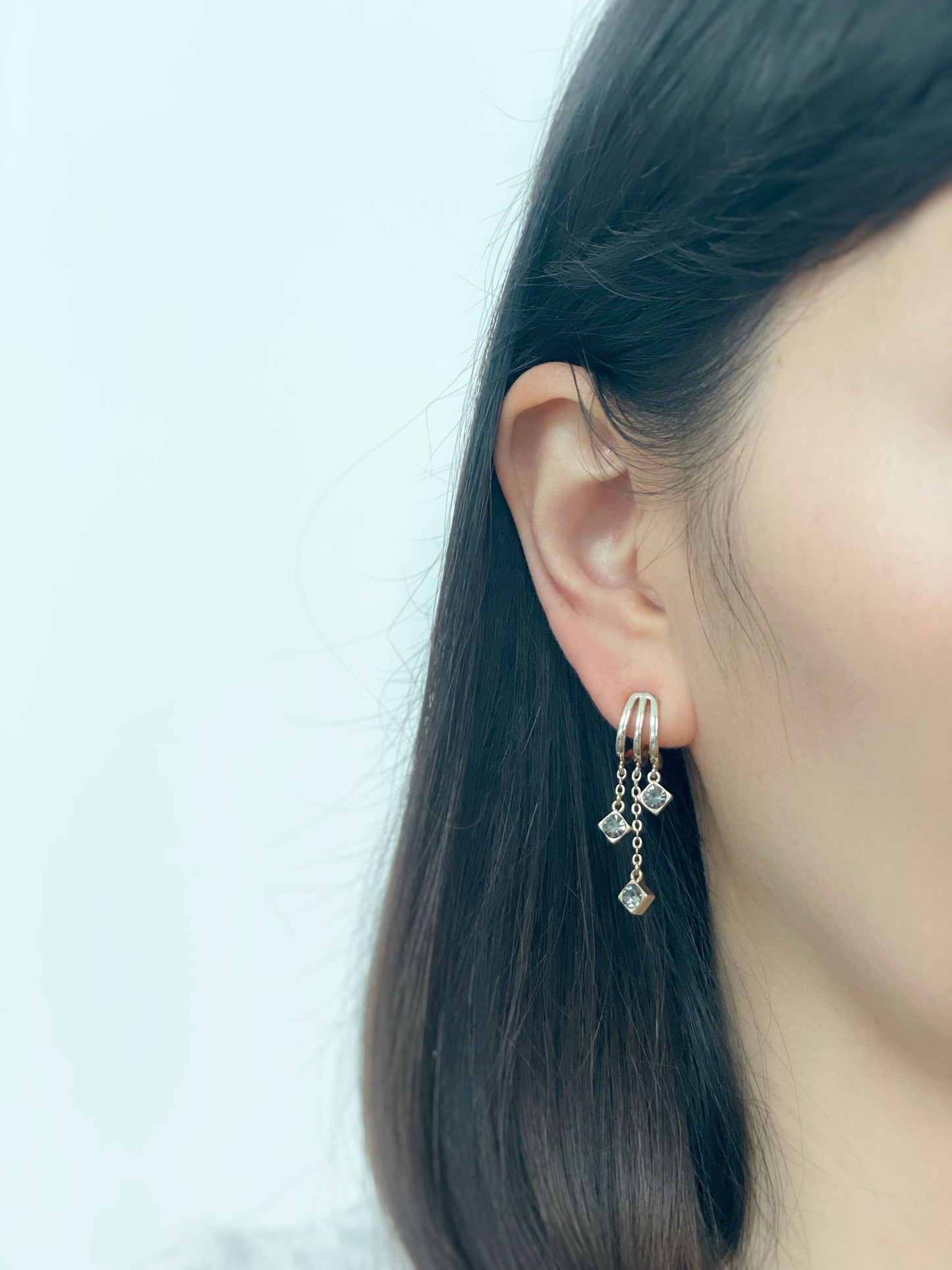 Vintage Silver Triple Hoop with CZ Charm Clip on Earrings