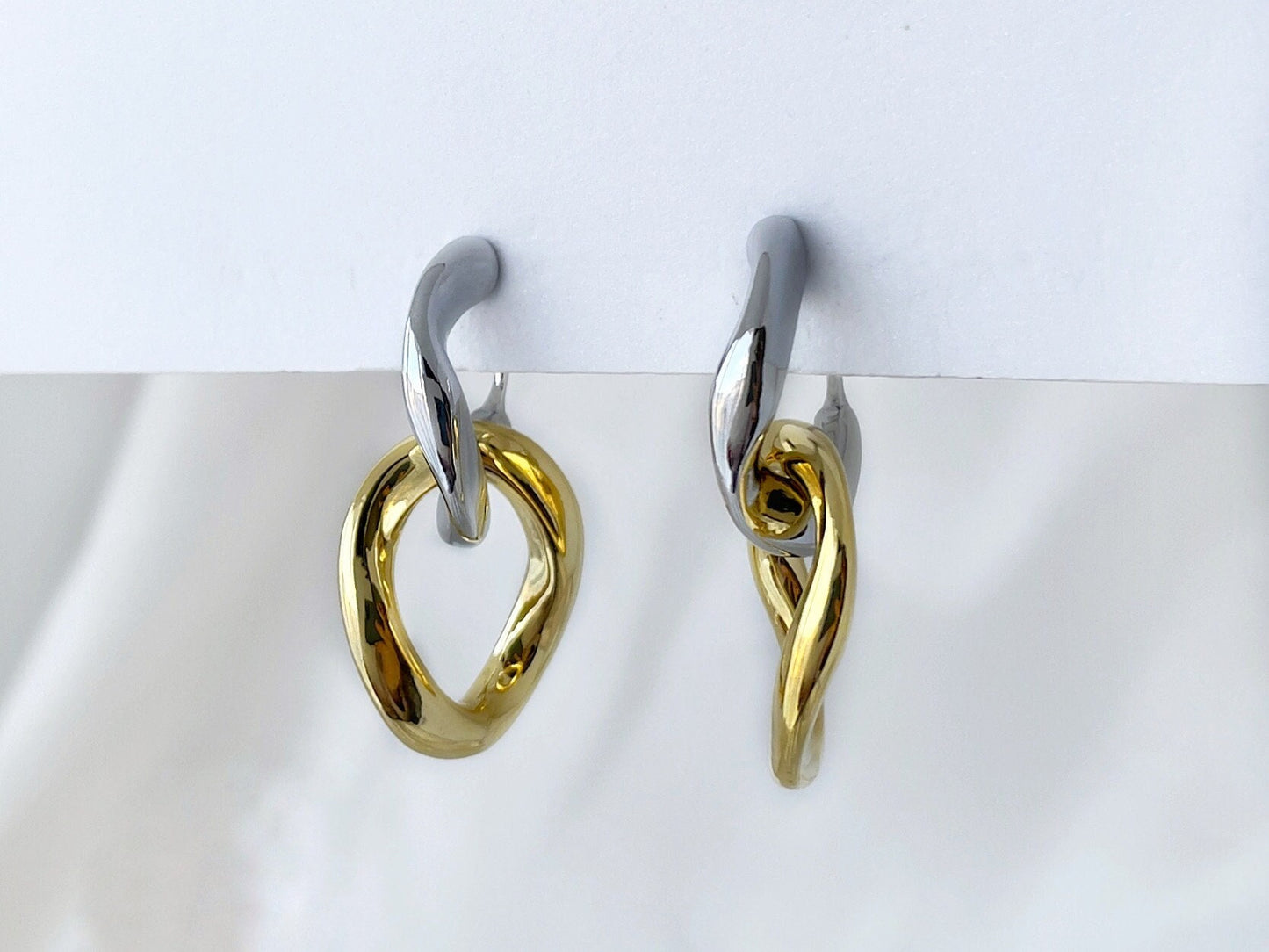 Silver Removable Gold Link Chain Clip on Earrings
