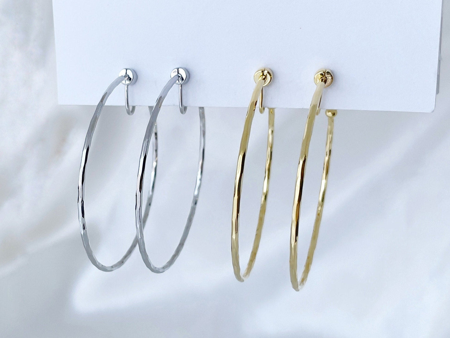 Hammered Texture Thin 50mm Large Silver/Gold Hoop Clip on Earrings