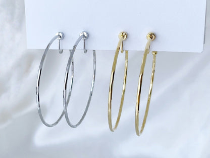 Hammered Texture Thin 50mm Large Silver/Gold Hoop Clip on Earrings