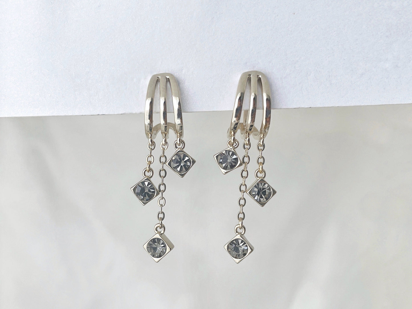 Vintage Silver Triple Hoop with CZ Charm Clip on Earrings