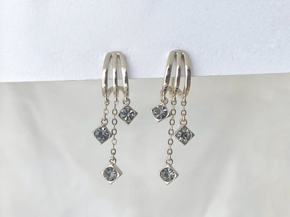 Vintage Silver Triple Hoop with CZ Charm Clip on Earrings