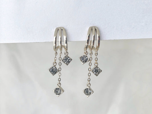 Vintage Silver Triple Hoop with CZ Charm Clip on Earrings