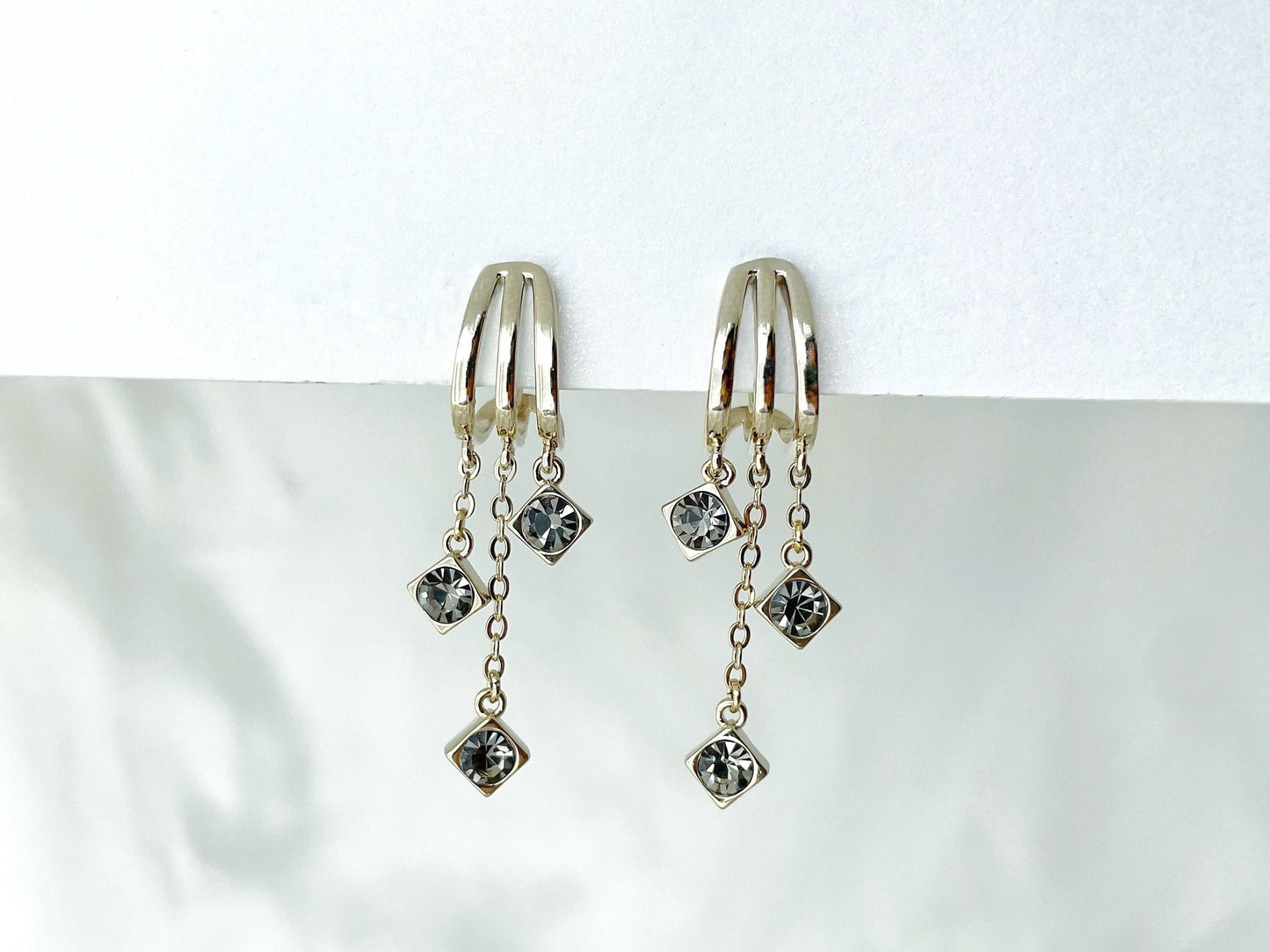 Vintage Silver Triple Hoop with CZ Charm Clip on Earrings