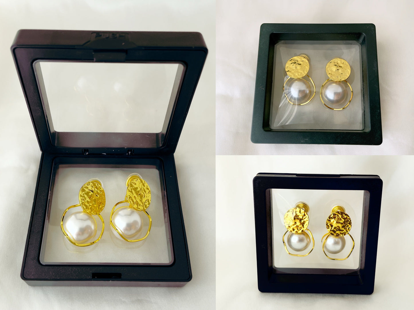 Hammered Gold Disc Large Pearl Clip on Earrings