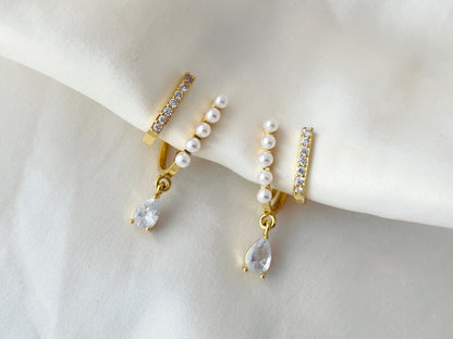 Pearls & CZ Crystal Double Hoop Effect Clip on Earrings