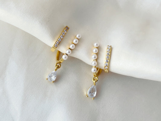 Pearls & CZ crystal double hoop effect clip on earrings, Dainty and delicate CZ hoop clip on earrings