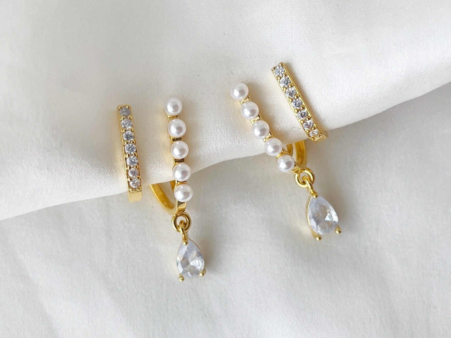 Pearls & CZ Crystal Double Hoop Effect Clip on Earrings