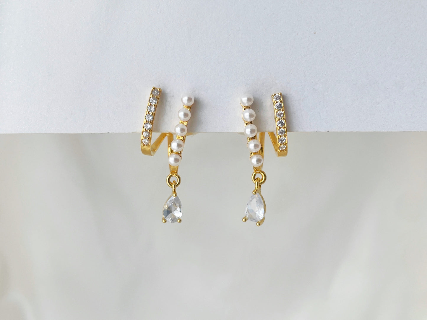 Pearls & CZ Crystal Double Hoop Effect Clip on Earrings